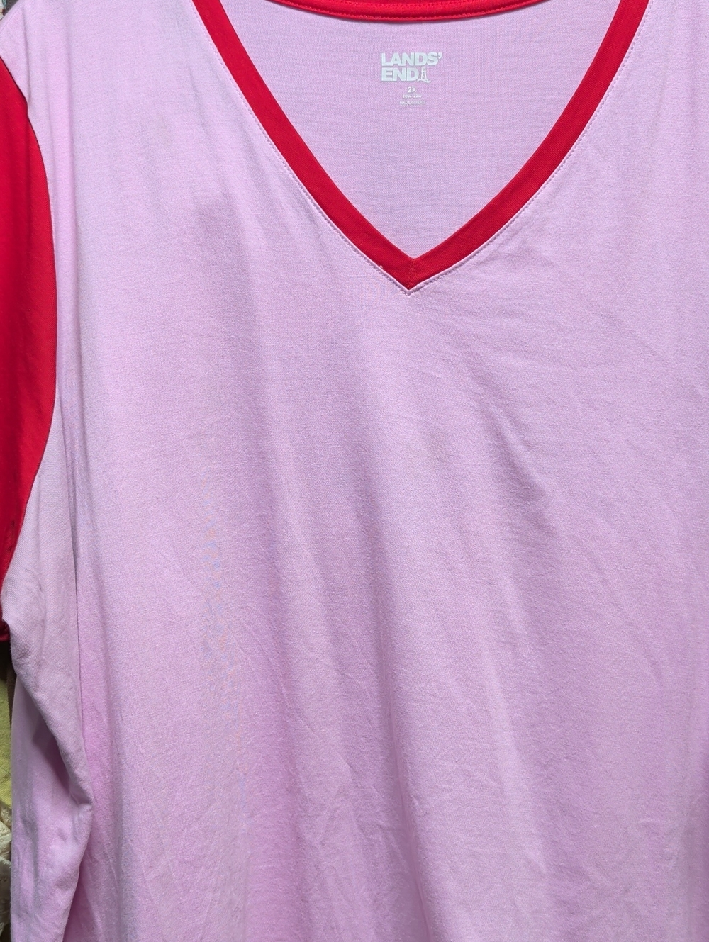 Lands' End Pink Short Sleeve V‑Neck Tee with Red Trim